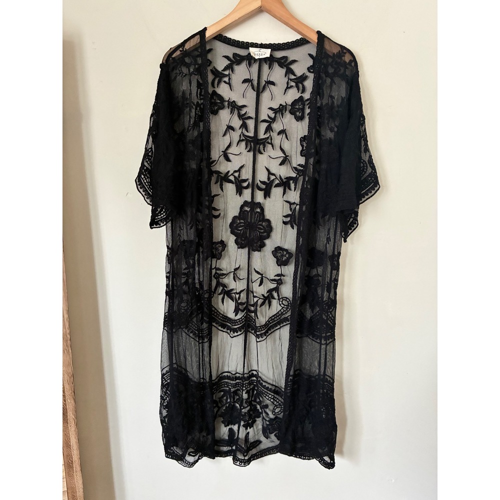 Ember Black Grunge Mesh Floral Embroidered Kimono Sheer Scalloped Lace Wrap S